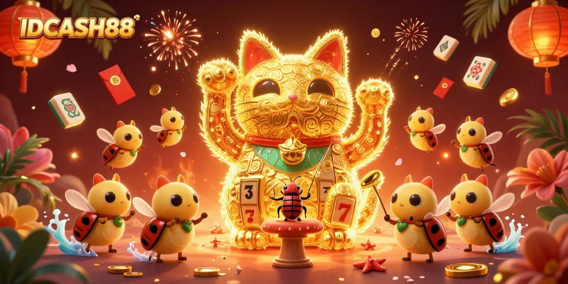 Experience exciting gameplay at IDCASH88 with vibrant casino-themed illustrations featuring lucky symbols.