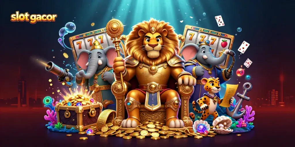 Experience the thrill of slot gacor with a majestic lion king sitting on a throne of coins.
