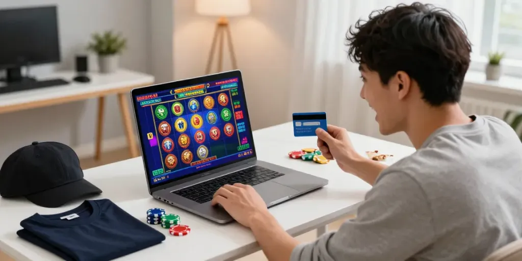 Player enjoying an exciting experience at mastercard casinos on a laptop, vibrant game graphics and virtual chips visible.