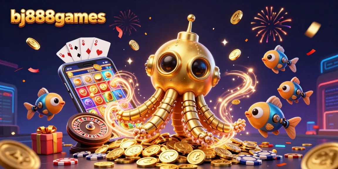 Bets and winnings at bj888games in a vivid scene with a metallic kraken and slot game excitement.