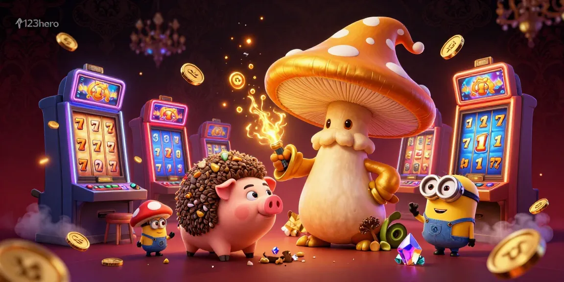 Engage with 123hero's dynamic casino realm, showcasing a magical wizard and treasure-hunting pig amidst vibrant slot machines.