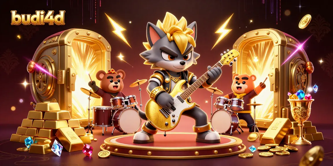 Budi4d engages players with thrilling casino antics featuring a rock star wolf and drummer bear in a vibrant setting.