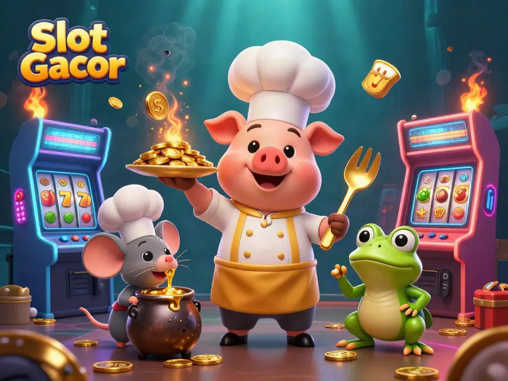 Experience the excitement of Slot Gacor with a cheerful chef pig serving shimmering gold coins in an engaging 3D casino scene.