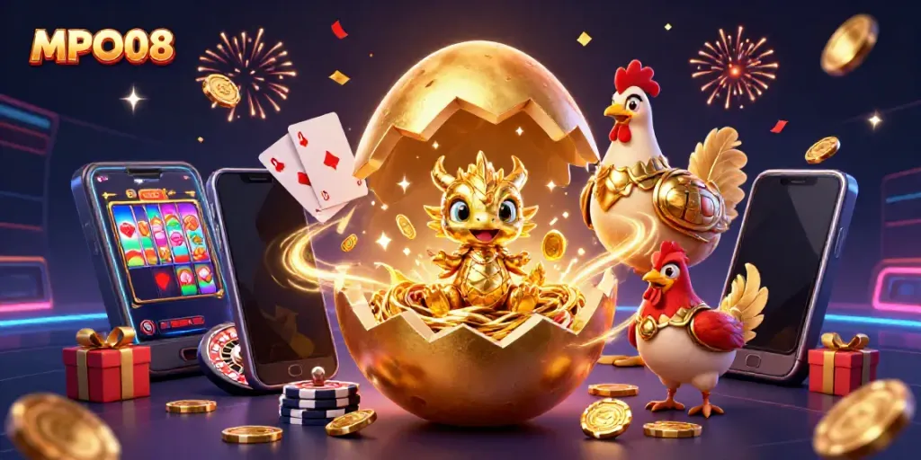 Engage in exciting casino adventures with MPO08's vibrant golden dragon and slot games.