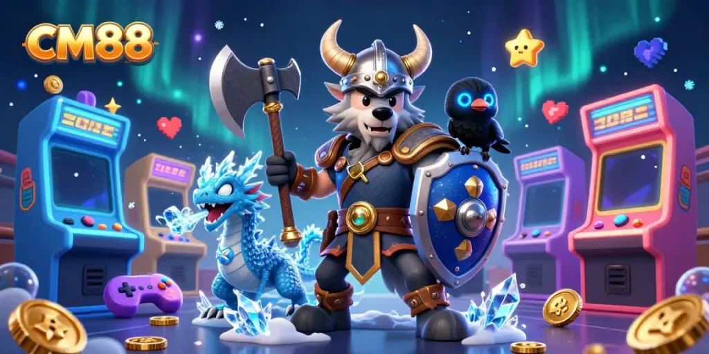 Experience the thrill of cm88 with a Viking wolf warrior, fierce dragon, and vibrant gaming elements.