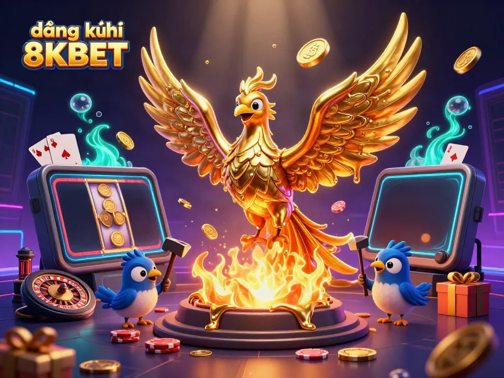 Join the action with đăng ký 8KBET as the molten gold phoenix symbolizes fortune in this vibrant casino scene.