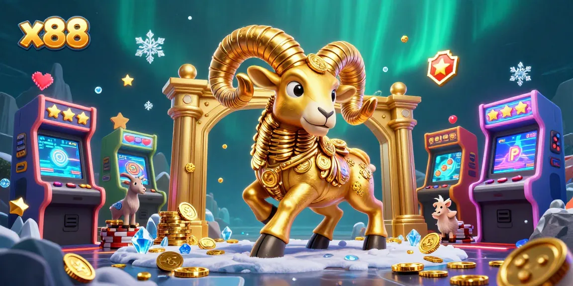 Experience the thrill of x88 with a vibrant 3D digital casino scene featuring a golden ram, arcade elements, and glowing gameplay.