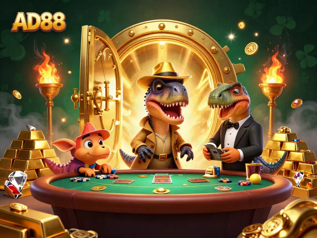 AD88 Casino features a velociraptor card counter and stegosaurus pit boss amid gold and gems.