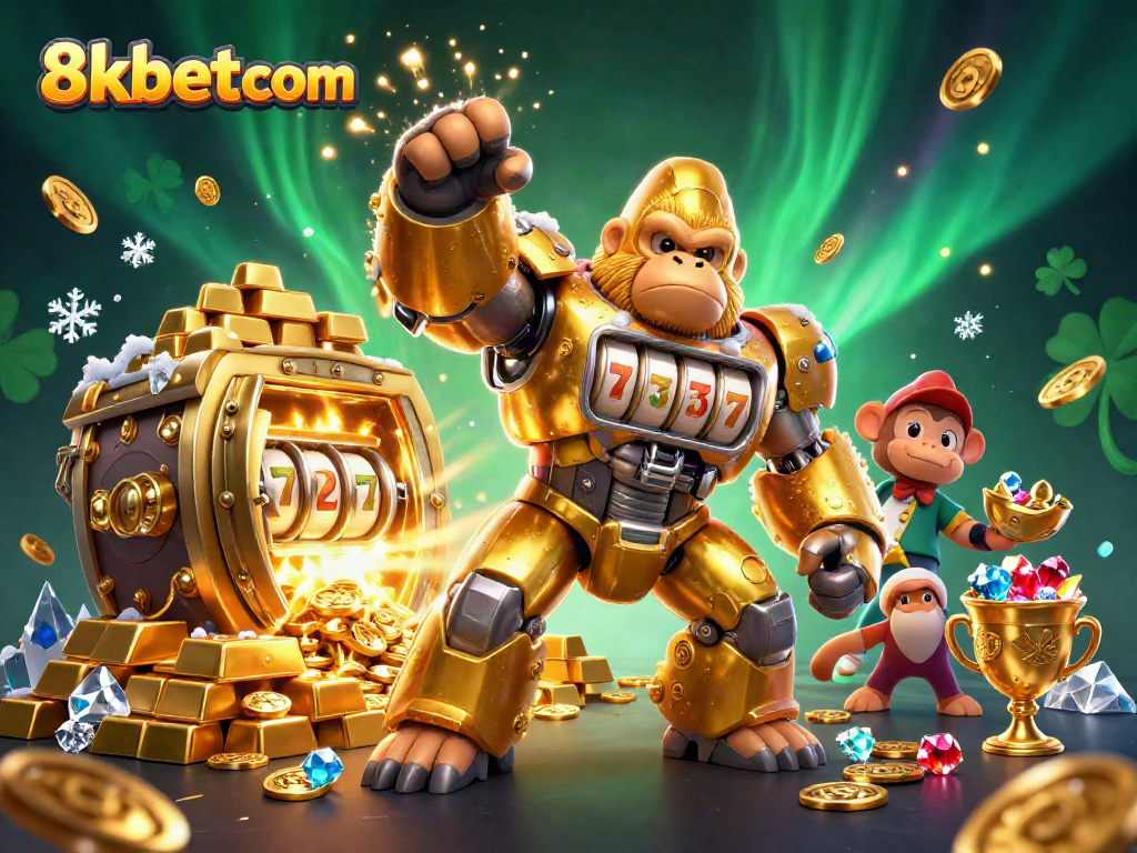 Experience thrilling action with the 8kbetcom golden gorilla mech and treasure-filled scene