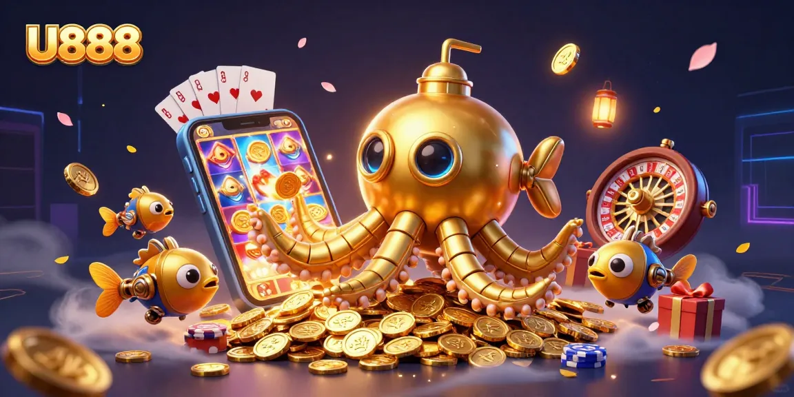 Experience U888 with a dynamic 3D gaming scene featuring a golden kraken and exciting casino elements.