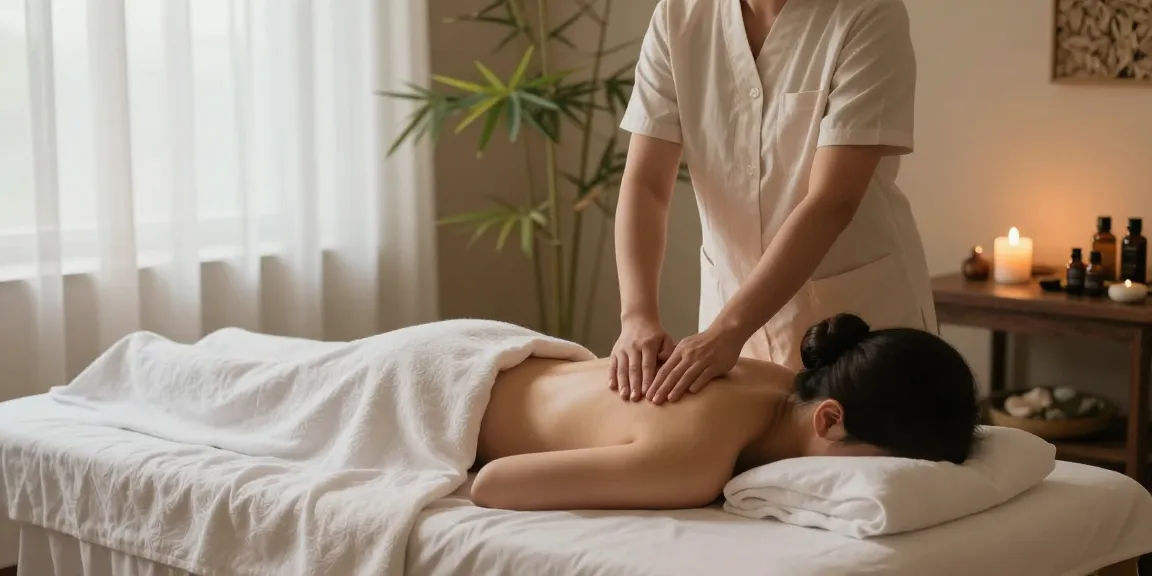 Soothing 일산출장마사지 in tranquil spa setting with candles and essential oils.