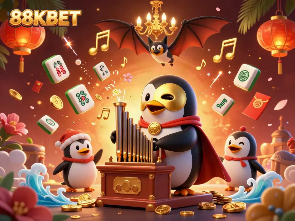 Experience the excitement of 88KBET with a dynamic 3D illustration of a playful penguin and acrobats in a rich casino scene.