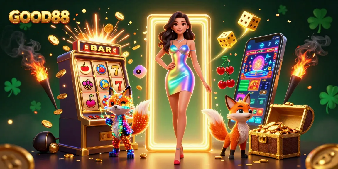 Experience the excitement of GOOD88 with vibrant colors and jackpot action in this engaging casino art.