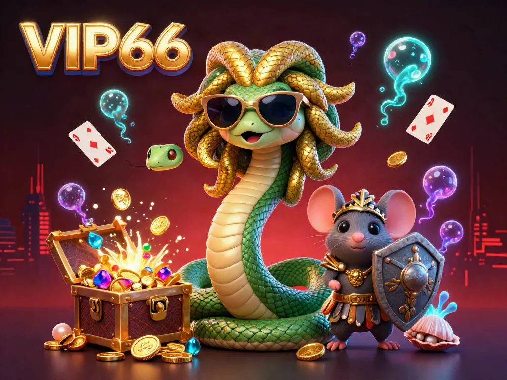 Experience excitement with VIP66 as Medusa and a warrior mouse celebrate casino wins in a vibrant underwater scene.
