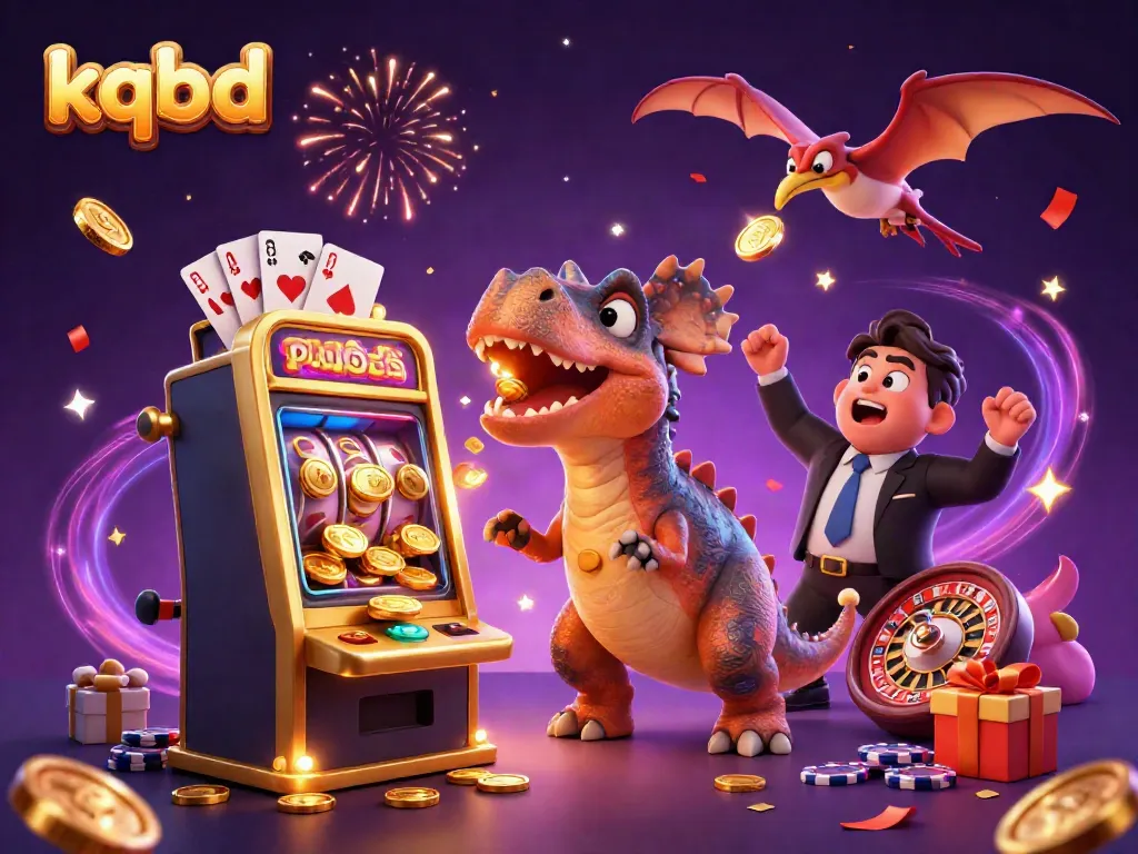 KQBD showcases a vibrant 3D scene of a pachycephalosaurus celebrating a jackpot at a casino, surrounded by festive elements.