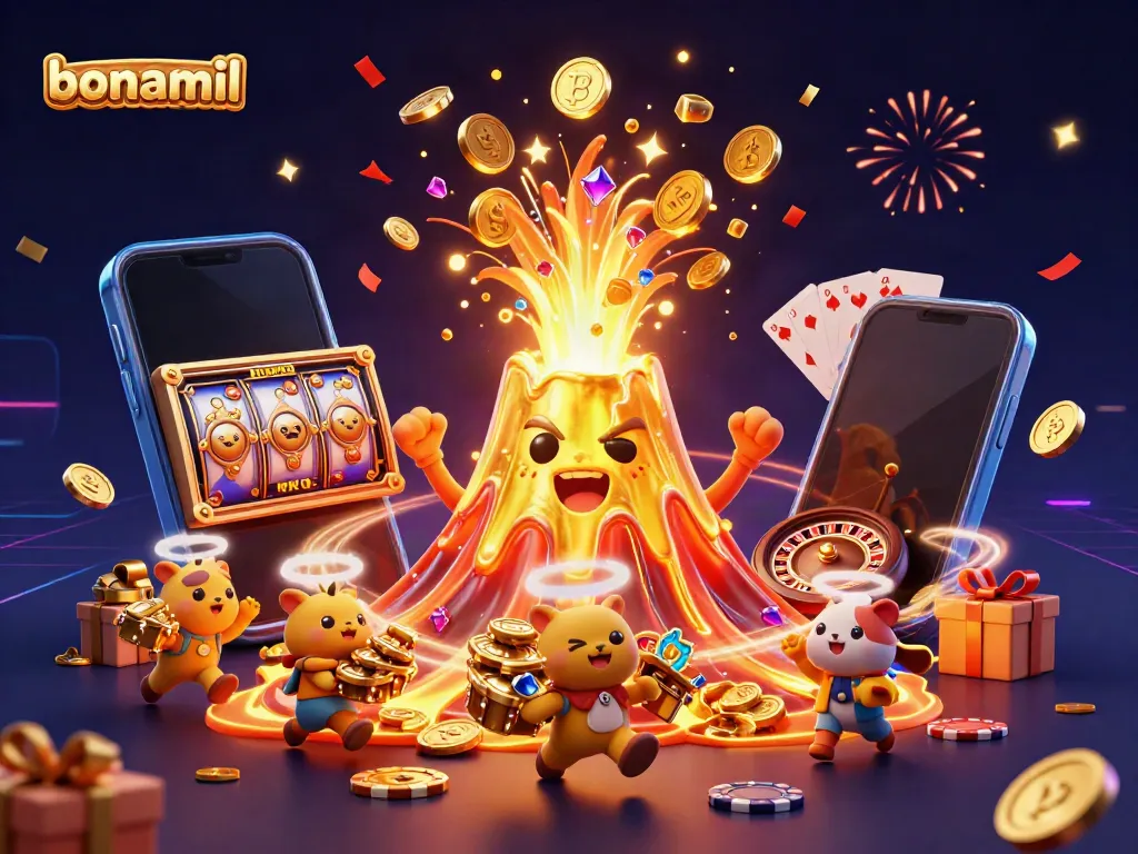 Menangkan jackpot dengan Bonamil dalam ilustrasi kasino yang menakjubkan, ditampilkan dalam warna cerah.