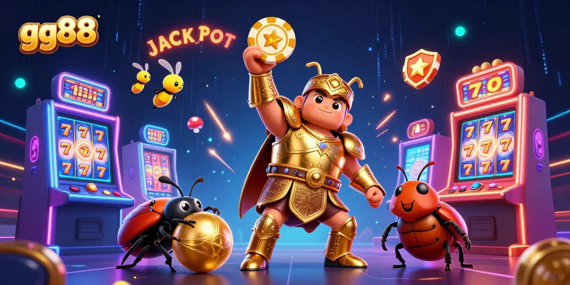 Win big with gg88 illustrated by a victorious beetle holding a poker chip surrounded by vibrant casino elements.