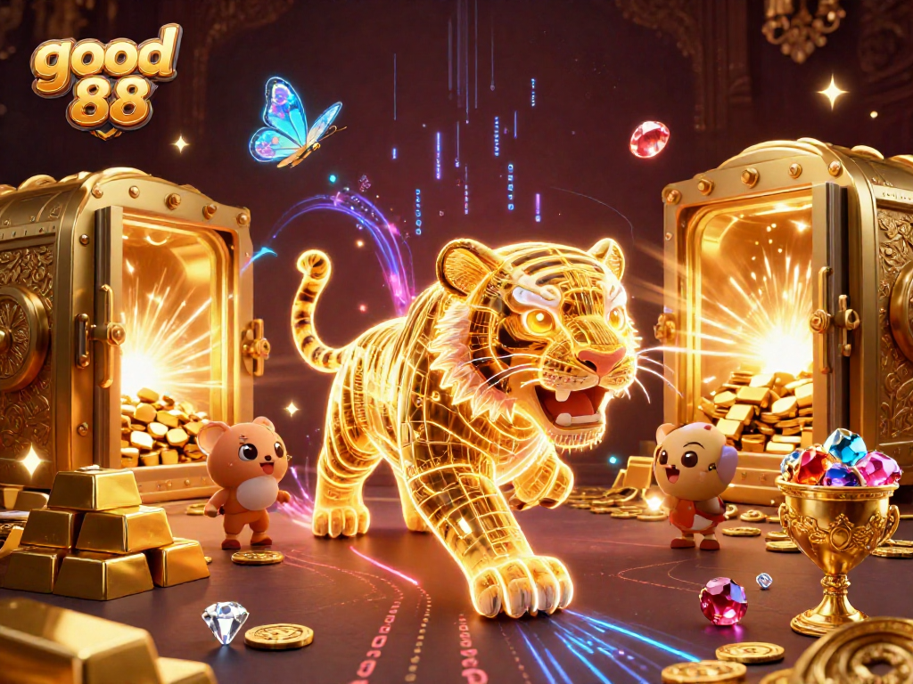 Spin to win big at good 88 in this vibrant casino scene featuring a golden tiger.