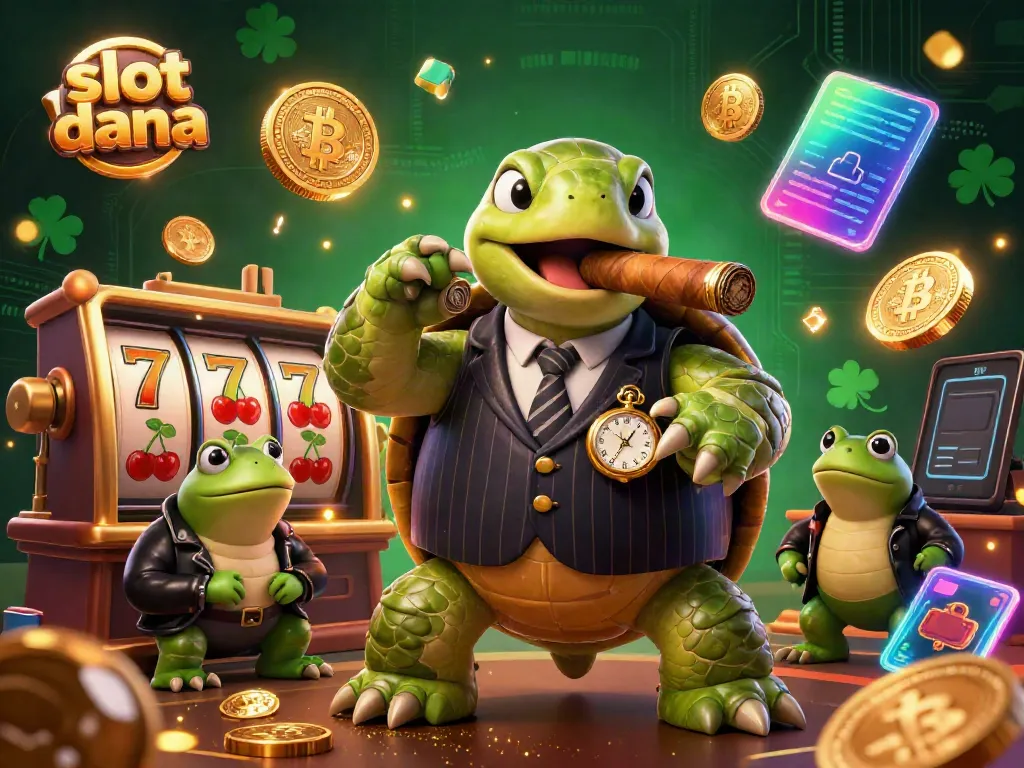 Permainan slot dana dengan karakter unik dalam suasana kasino yang meriah dan penuh warna.