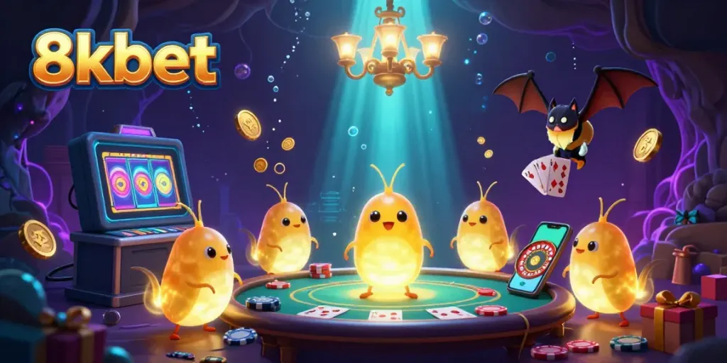 Experience the excitement of 8xbet with glowworms illuminating a vibrant casino scene.