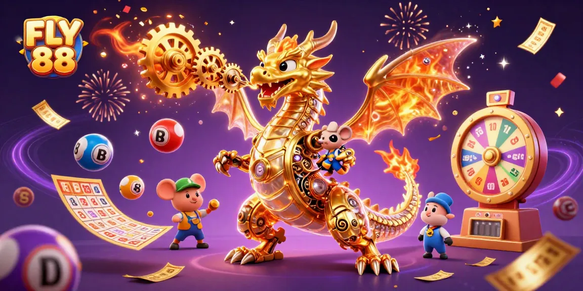 Engage in thrilling gameplay at FLY 88 with interactive lottery and casino elements in a vibrant scene.