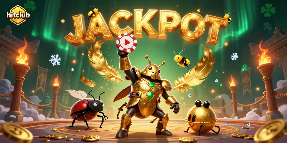 hitclub brings luck with a cartoon beetle celebrating a win at the casino surrounded by coins and gaming elements.