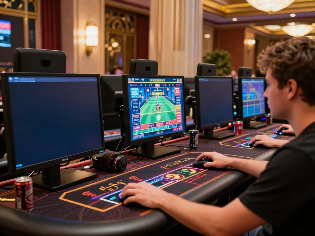 Player engaging in SV88 online casino games surrounded by vibrant gaming interfaces and modern accessories.