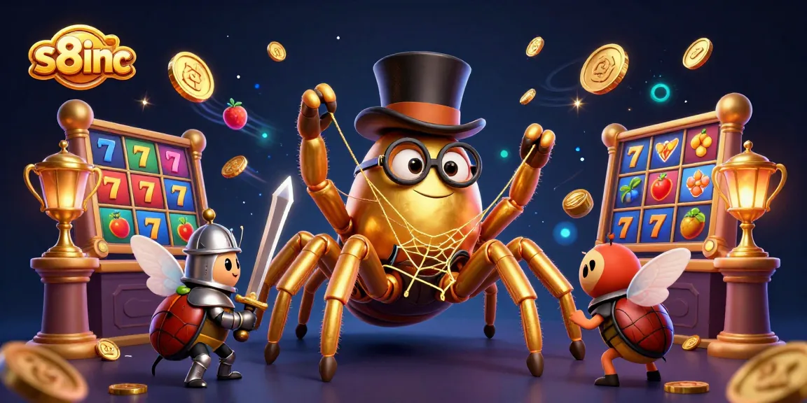 Engage with the vibrant world of S8inc through a whimsical 3D casino illustration depicting a golden tarantula and brave beetle knight.