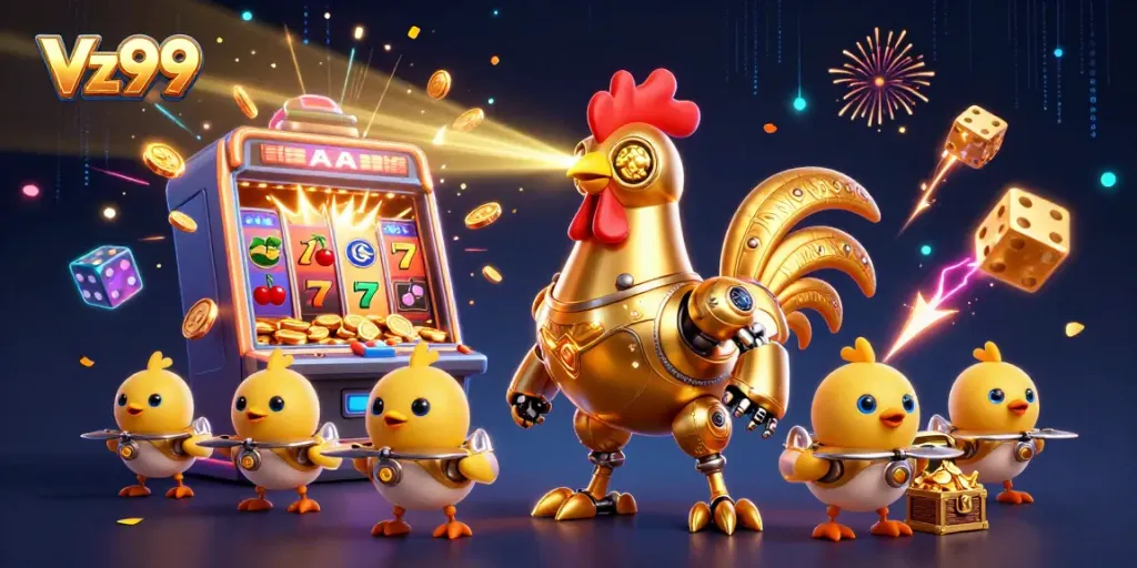 Experience Vz99 casino thrills with a golden rooster robot and chick drones amid a jackpot explosion.