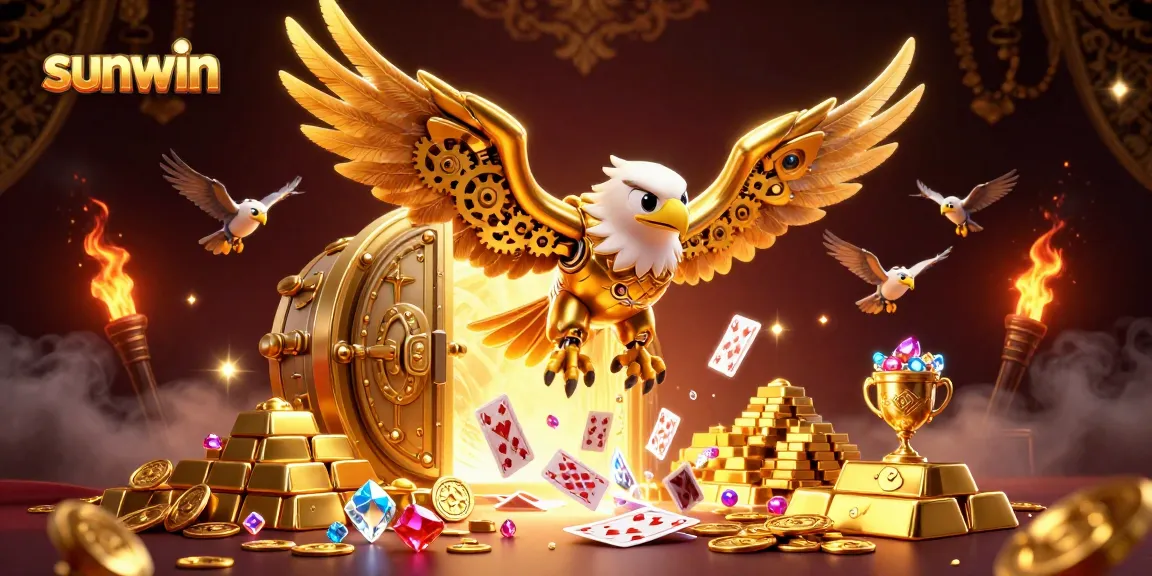 Experience thrilling wins at sunwin with a dynamic 3D scene of a cybernetic eagle soaring through holographic cards and treasures.