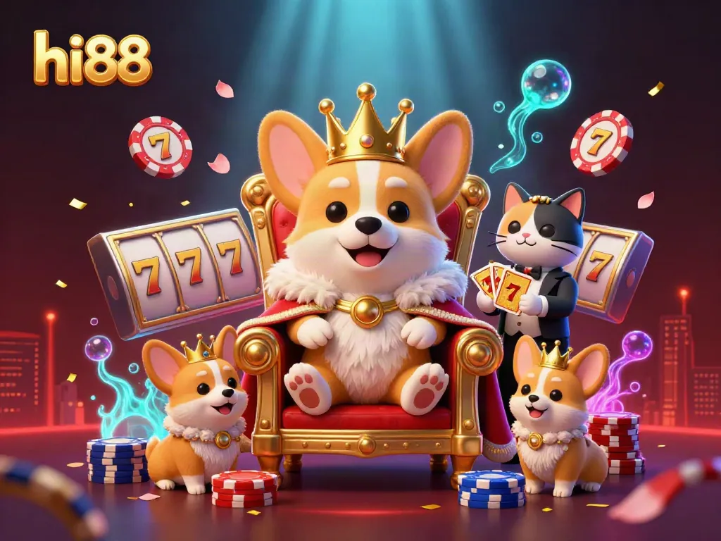 hi88 brings excitement with a royal corgi on poker chips, surrounded by dynamic casino elements
