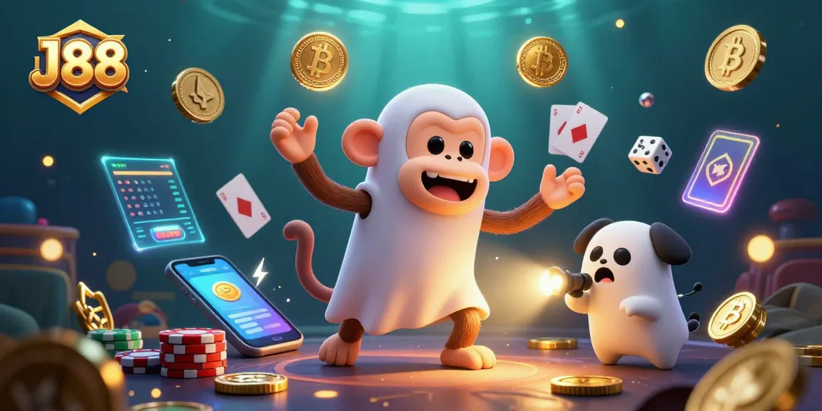 Experience thrilling gameplay at J88 with a mischievous poltergeist monkey and ghost-hunter puppy in a haunted casino.