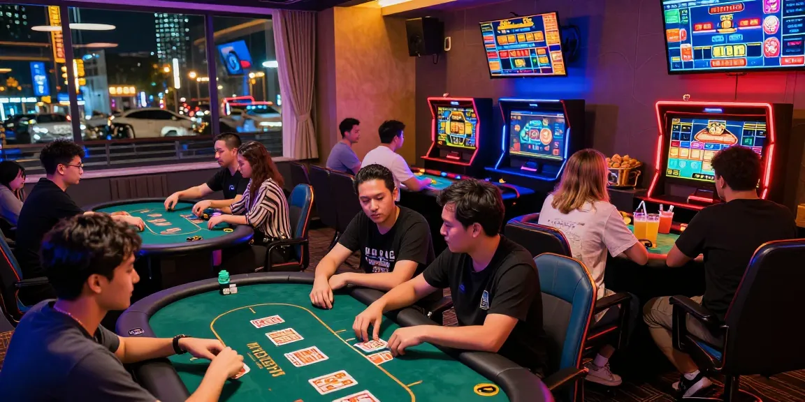 Excited players enjoying card games at B52 gaming club in vibrant atmosphere.