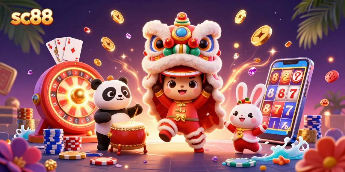 Experience the excitement of SC88 with a vibrant 3D illustration of unique casino elements and lively characters.