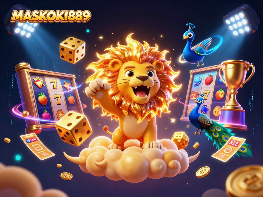 Experience thrilling gameplay with MASKOKI889's vivid slots featuring golden dice and a roaring lion.