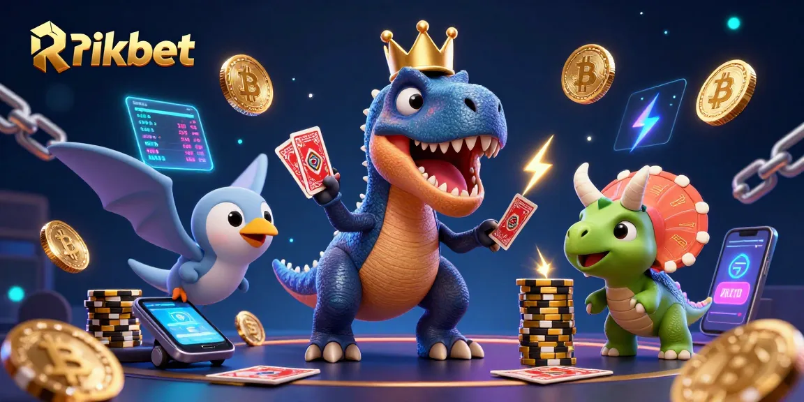Rikbet showcases a vibrant 3D scene with T-Rex playing cards and a baby triceratops stacking chips.