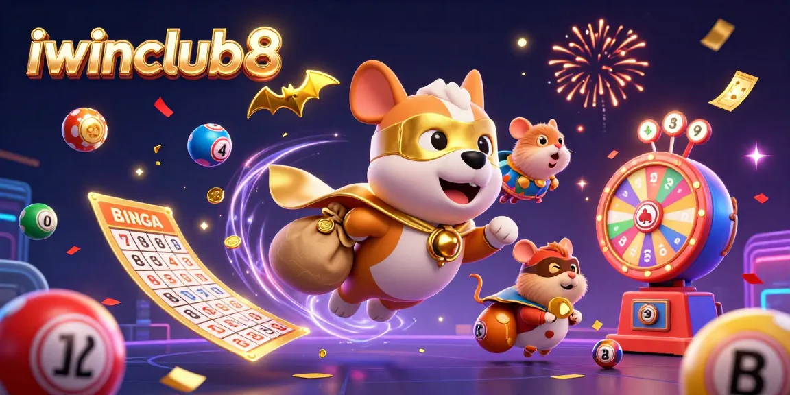 Join the fun with iwinclub8's vibrant 3D illustration of a superhero dog and hamster amidst dynamic gaming elements.
