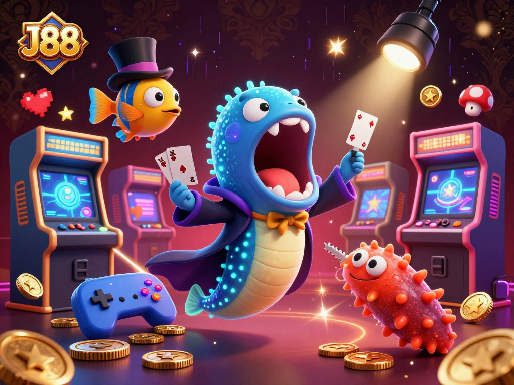 Experience J88 with vibrant 3D illustrations showcasing unique casino-themed characters engaging in thrilling games.