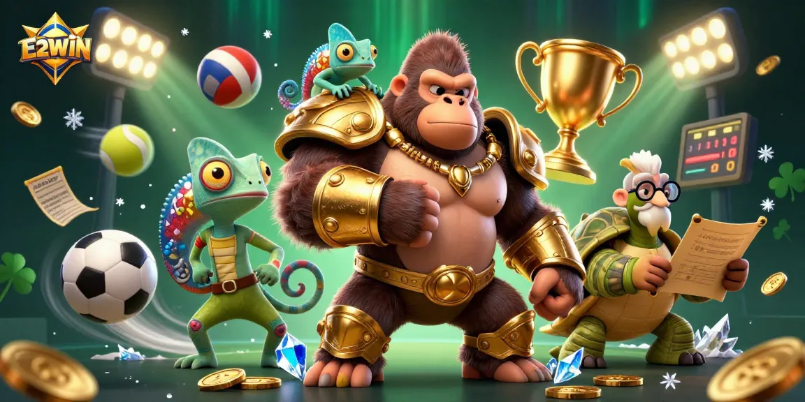 E2WIN showcases a dynamic casino scene with a powerful gorilla, chameleon, and tortoise amidst flying sports balls.