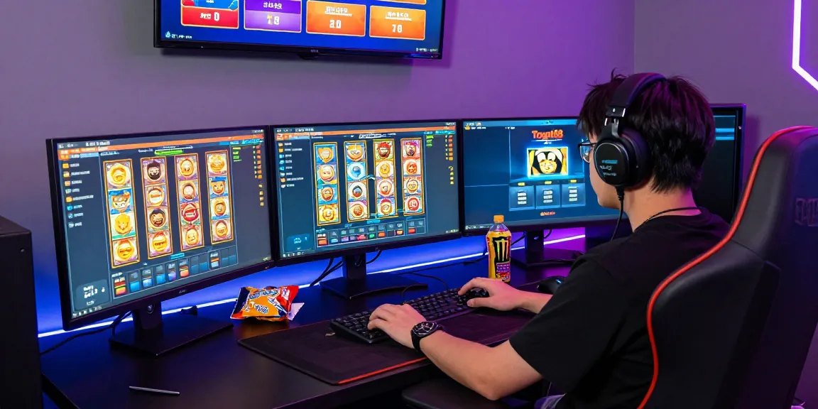 Togel88 Online gaming experience with player at a multi-monitor setup displaying lottery results and slot games.
