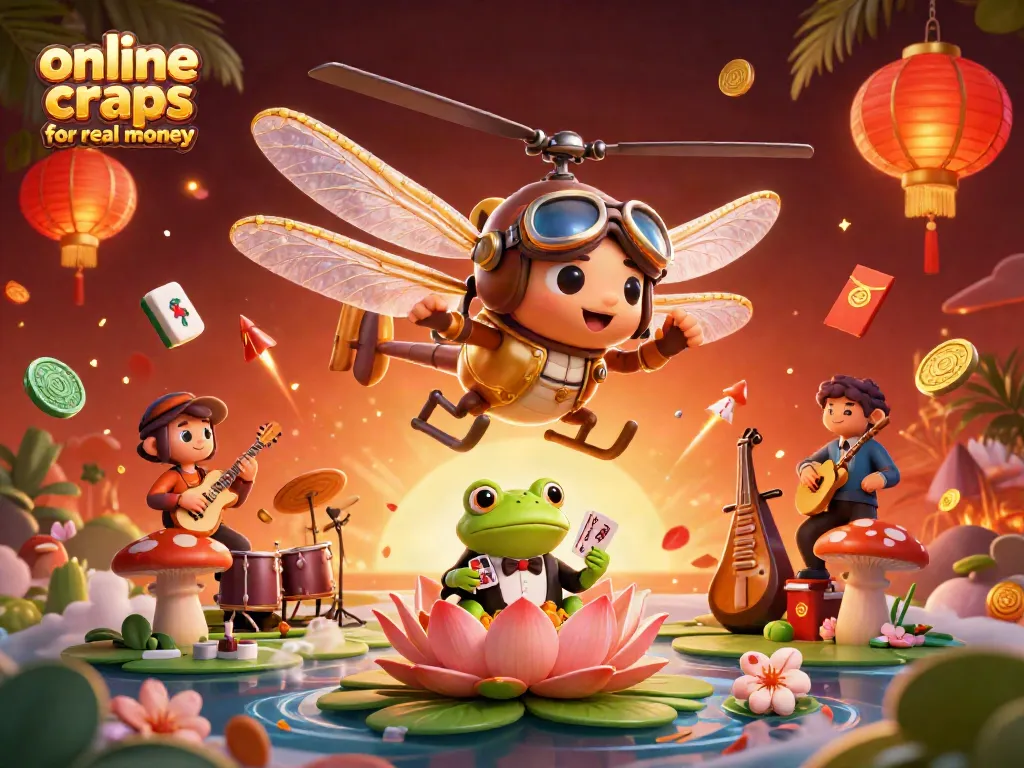 Experience online craps for real money with a vibrant 3D illustration of whimsical casino characters.