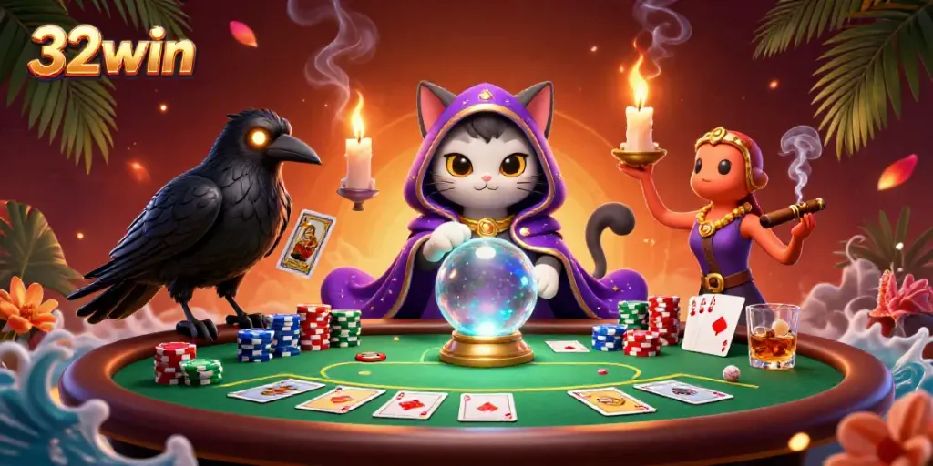 Experience thrilling poker action at 32win with a mystical cat and a raven dealer in an elaborate gambling scene