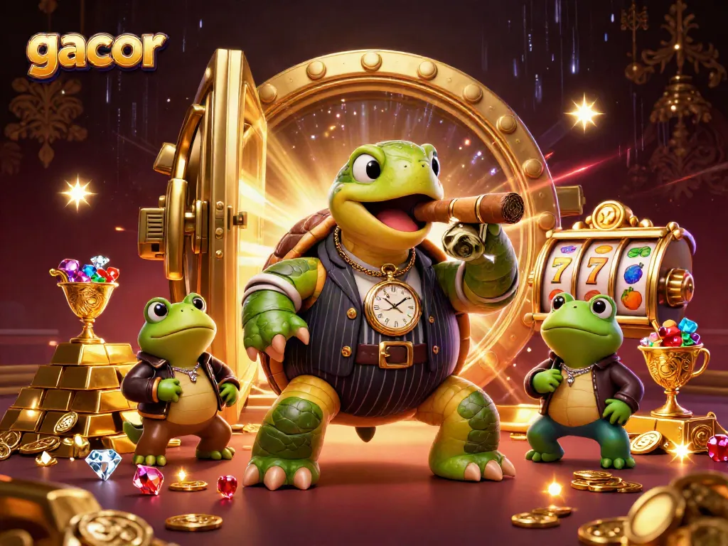 Spin to win on gacor slots with our charming turtle mobster and his bullfrog enforcers.