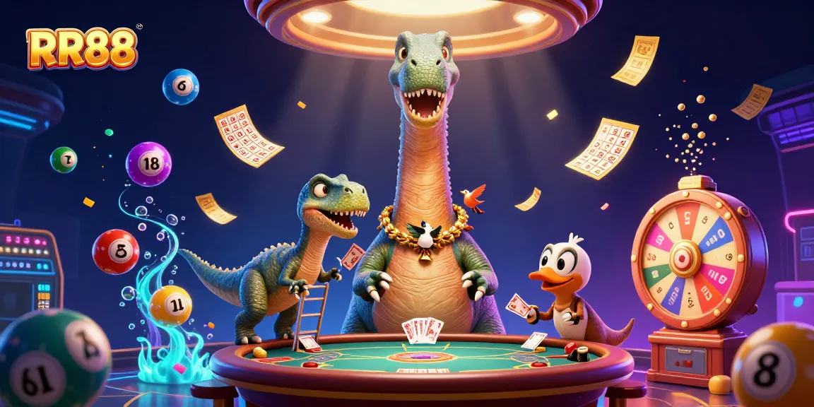 Experience thrilling gaming action with RR88's vibrant casino scene featuring a dinosaur dealer and dynamic lottery elements.