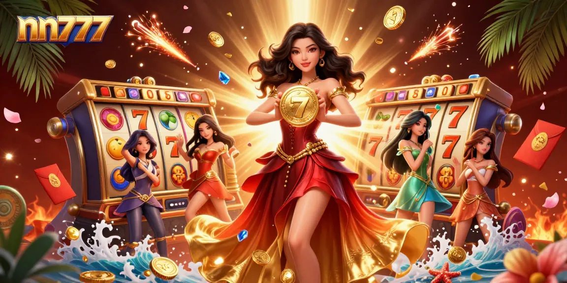 Win big at nn777 with a stunning Asian woman holding a golden coin amidst a shower of luck and excitement.