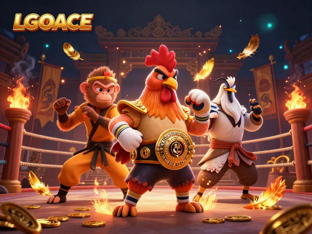 Experience the thrill of LGOACE through this vibrant 3D digital illustration of a Muay Thai rooster and martial artists.