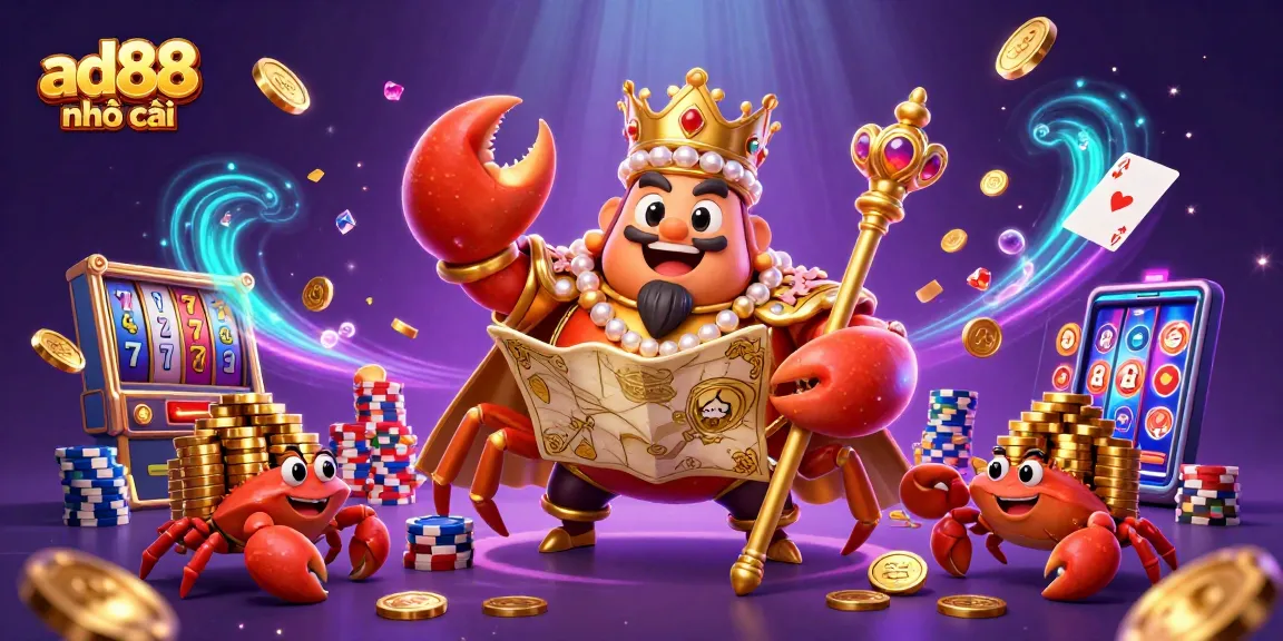 Engage with ad88 nhà cái in this vibrant illustration showcasing winning slots, golden crab emperor, and treasure galore!