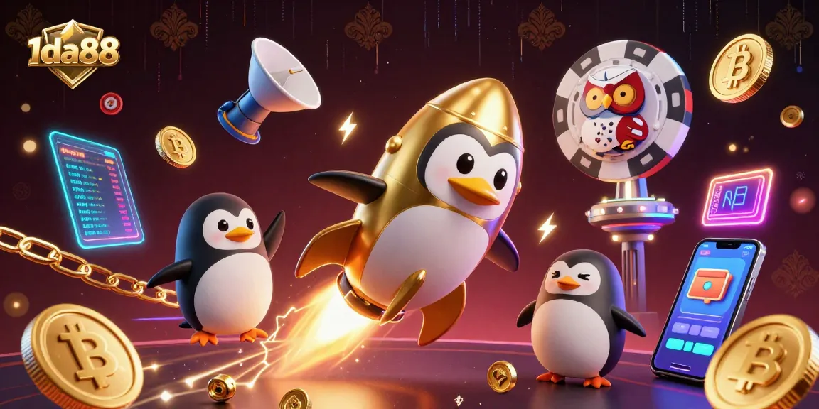 Witness the vibrant 1da88 casino adventure led by a rocket-powered penguin in space.