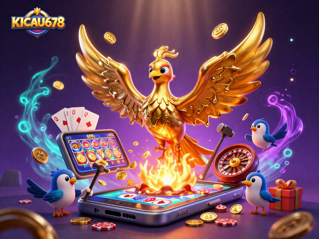 Experience KICAU678 with interactive slots featuring a molten golden phoenix and vibrant game elements.
