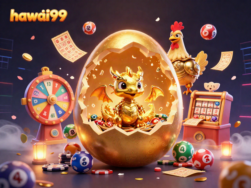 Engage with hawai99 by exploring a vibrant 3D casino scene featuring a golden baby dragon and poker chips.